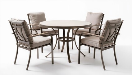 Fototapeta premium Round outdoor patio dining table with four armchairs isolated on white background, elegant garden furniture set designed for terrace or patio dining.