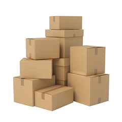 Stack of beige cardboard boxes arranged in a pyramid shape isolated on a transparent background
