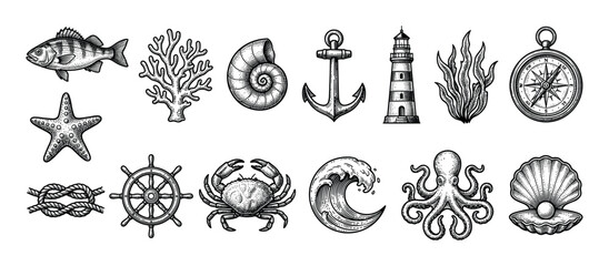 Obraz premium Large set of vintage nautical illustrations including a fish, octopus, crab, anchor, lighthouse, compass, and ship's wheel in a detailed black and white engraving style