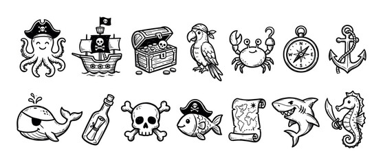 Fototapeta premium Set of hand-drawn pirate themed icons featuring a ship, treasure chest, skull, octopus, and whale in a cute cartoon doodle style for children's adventure concepts