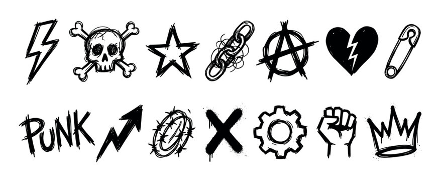 Collection of hand-drawn punk rock symbols including a skull, anarchy sign, and safety pin in a rough, sketchy, graffiti style for rebellious and music-themed designs