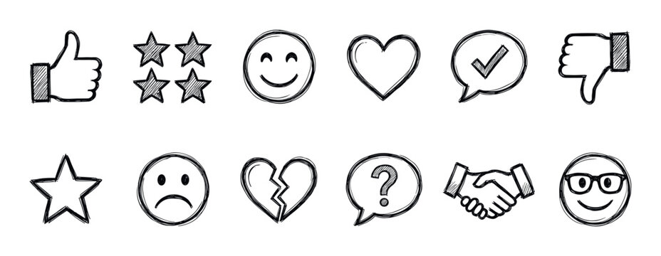 Collection of hand-drawn feedback icons representing customer satisfaction, reviews, and social media engagement, featuring sketched symbols like hearts, stars, and smiley faces