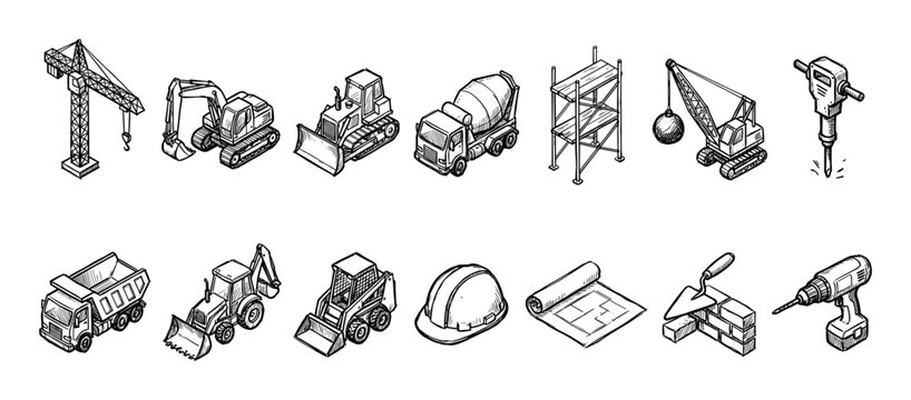 Hand-drawn set of construction icons in an isometric sketch style, featuring heavy machinery like a crane, excavator, bulldozer, and various building equipment and tools