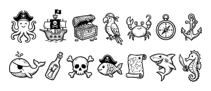 Set of hand-drawn pirate themed icons featuring a ship, treasure chest, skull, octopus, and whale in a cute cartoon doodle style for children's adventure concepts