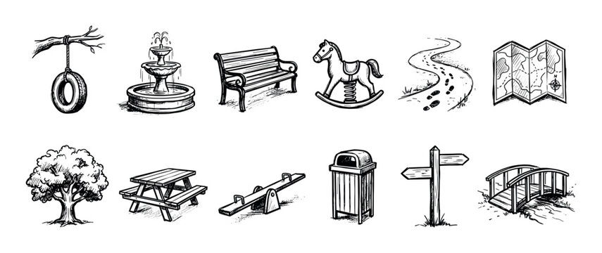 Collection of hand-drawn park and playground icons including a bench, fountain, seesaw, tire swing, and picnic table in a black and white sketch illustration style