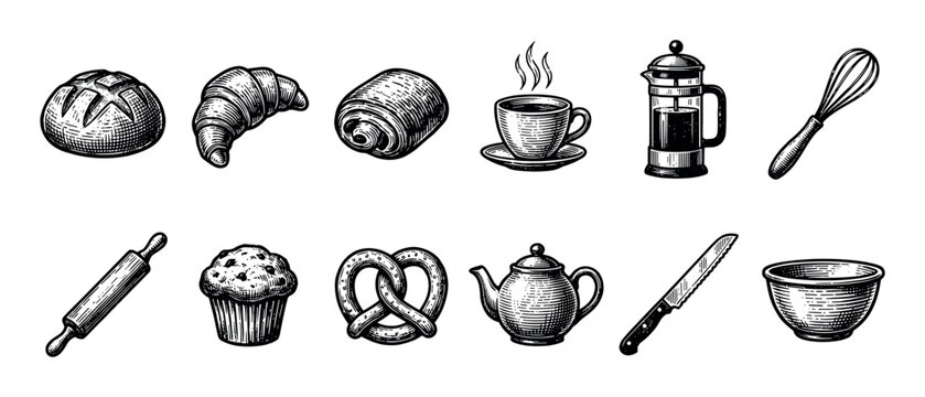 Set of vintage hand-drawn bakery icons including bread, croissant, coffee, and kitchen utensils in a classic black and white engraving style illustration for a cafe menu