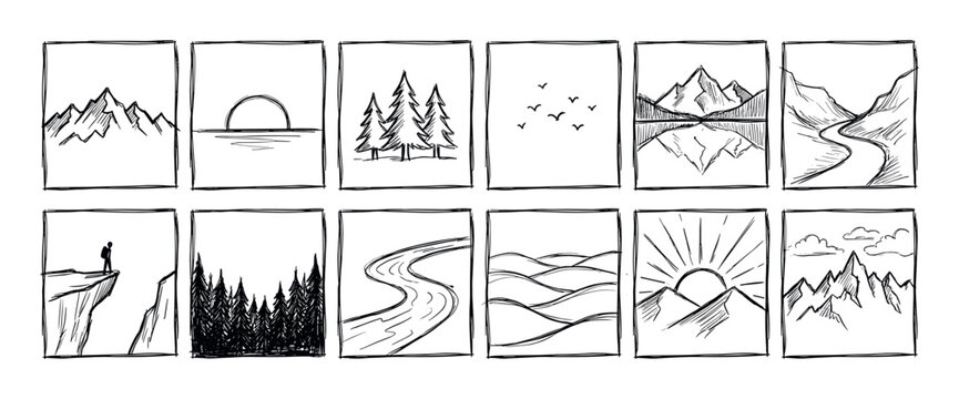 Hand-drawn collection of twelve landscape sketches showing mountains, forests, rivers, and sunsets in a simple black and white ink doodle illustration style for adventure themes