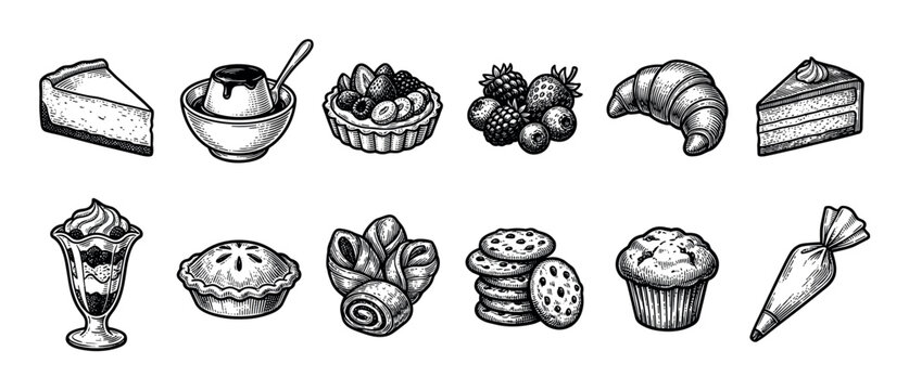 Collection of hand drawn bakery desserts including cake, pie, muffin, croissant, and cookies in a detailed vintage black and white engraving style illustration set