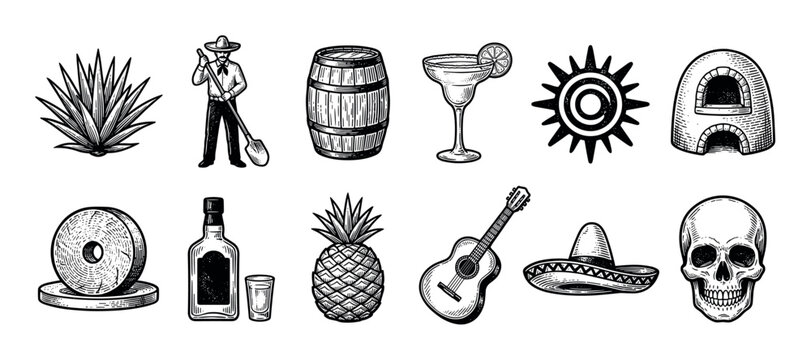 Collection of vintage black and white icons related to tequila production and Mexican culture, including an agave plant, jimador, barrel, margarita, skull, and sombrero in an engraving style