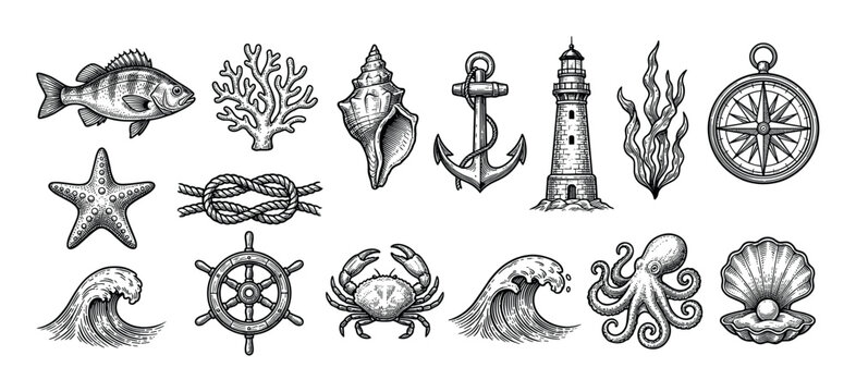 Large set of black ink marine icons featuring a lighthouse, anchor, compass, octopus, crab, fish, shell, and starfish drawn in a detailed vintage woodcut and engraving style