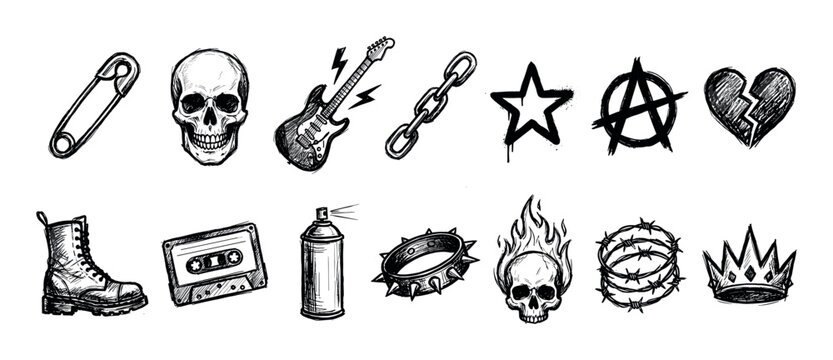 Set of hand-drawn punk rock icons including a skull, guitar, anarchy symbol, and safety pin in a sketchy, rebellious doodle style for subculture designs