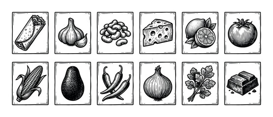 Obraz premium Set of hand-drawn food icons in a vintage engraving style shows burrito, garlic, beans, cheese, lime, tomato, corn, avocado, chili, onion, cilantro, and chocolate