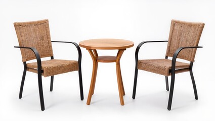 Fototapeta premium Set of two wooden armchairs with small table isolated on white background, outdoor patio furniture perfect for garden, terrace or relaxation area.