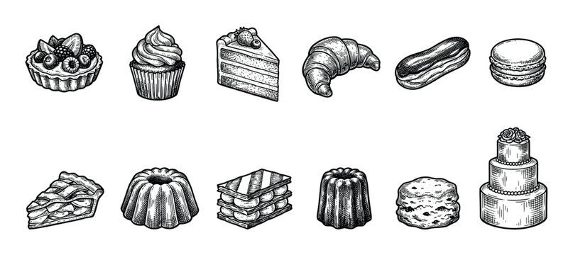 Collection of hand-drawn vintage style desserts including cakes, pastries, and tarts in a detailed black and white engraving sketch illustration style for a bakery or patisserie menu