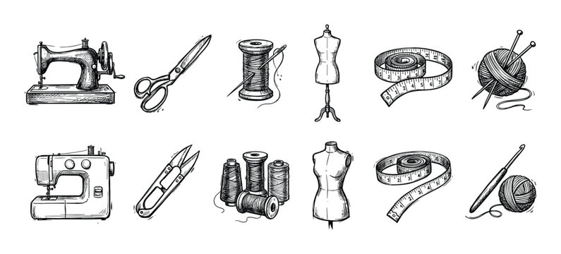 Hand-drawn set of sewing and crafting tools including a sewing machine, scissors, thread, mannequin, and yarn in a black and white sketch illustration style for needlework