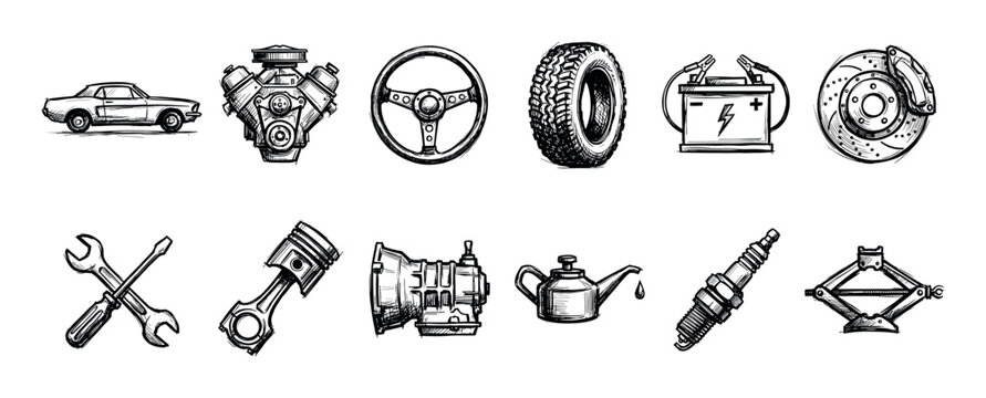 Hand-drawn car parts and service icons set featuring a vintage vehicle, engine, tire, battery, brake, piston, and tools in a detailed black and white sketch style