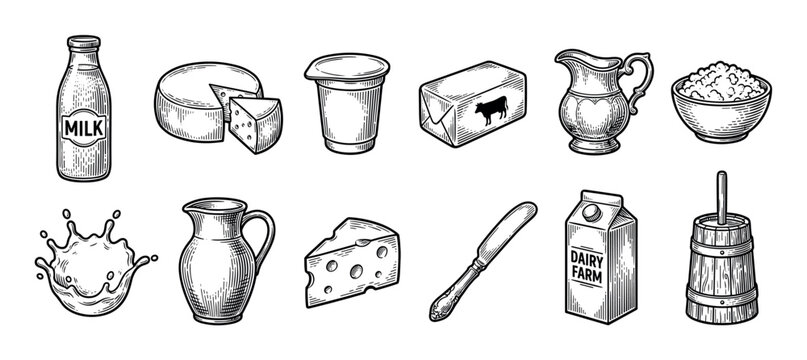 Vintage dairy and farm food icons featuring milk, cheese, butter, yogurt, and a churn, all rendered in a classic black and white hand-drawn engraving sketch style collection
