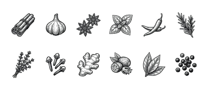 Collection of hand-drawn spices and herbs in a vintage engraving style including cinnamon, garlic, ginger, chili, basil, and rosemary for culinary and botanical designs