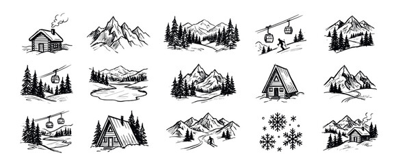 Fototapeta premium Set of hand-drawn winter mountain icons featuring cabins, ski lifts, pine trees, and snowy peaks in a black and white sketch doodle style for adventure and travel themes