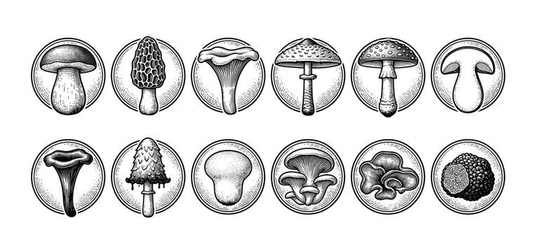 Twelve different types of mushroom illustrations in a detailed black and white engraving style, a collection of fungi icons including morel, truffle, chanterelle, and amanita