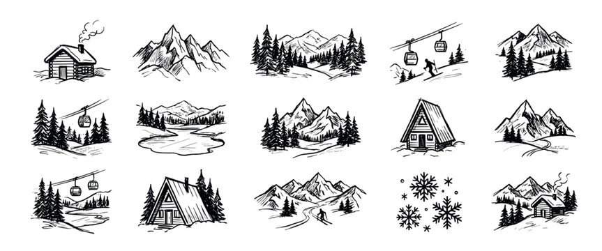 Set of hand-drawn winter mountain icons featuring cabins, ski lifts, pine trees, and snowy peaks in a black and white sketch doodle style for adventure and travel themes