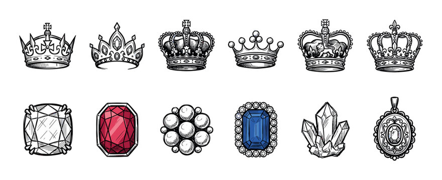 Set of twelve hand-drawn royal crowns and precious jewels illustrated in a detailed vintage sketch style, including tiaras, diamonds, pearls, sapphires, and rubies