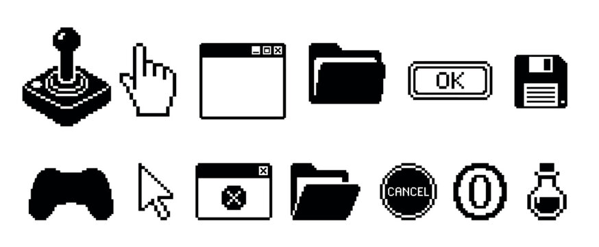 Collection of black pixel art icons in a retro 8-bit style, featuring classic computer user interface elements like cursors, windows, folders, buttons, and gaming symbols