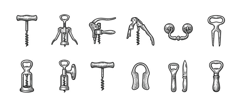 Set of vintage corkscrews and bottle openers in a black and white engraving style, showcasing various designs for wine and beer bottles, including T-shaped and winged models