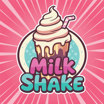 Colorful milkshake logo with thick outline, cute dessert drink mascot illustration in retro pop style