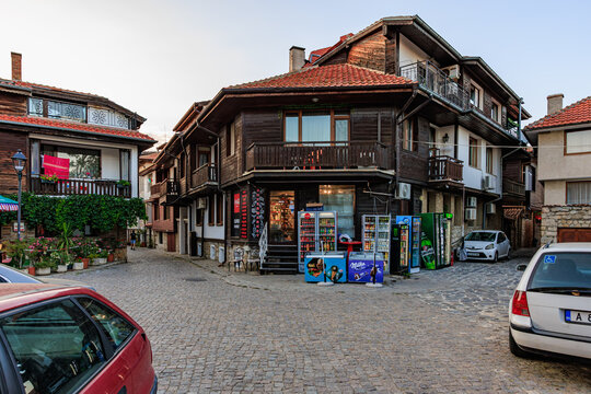 Charming street scene in historic bulgarian town with stone pavements and rustic architecture. August 1, 2025, Nessebar Bulgaria
