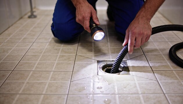A person in blue overalls kneels on a tiled floor, using a flashlight to illuminate a clogged floor drain while inserting a flexible hose or drain snake.