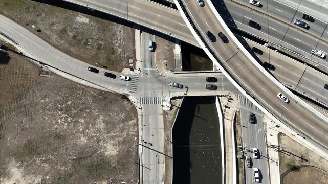 Overhead view of traffic lanes and highway interchange in downtown San Antonio, Texas 4K Aerial Drone Video