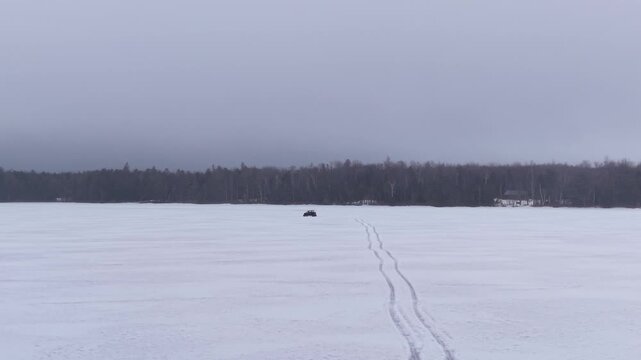 Drone tracking side by side on frozen pond 