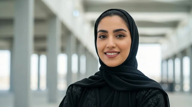 Smiling muslim woman wearing hijab in modern building