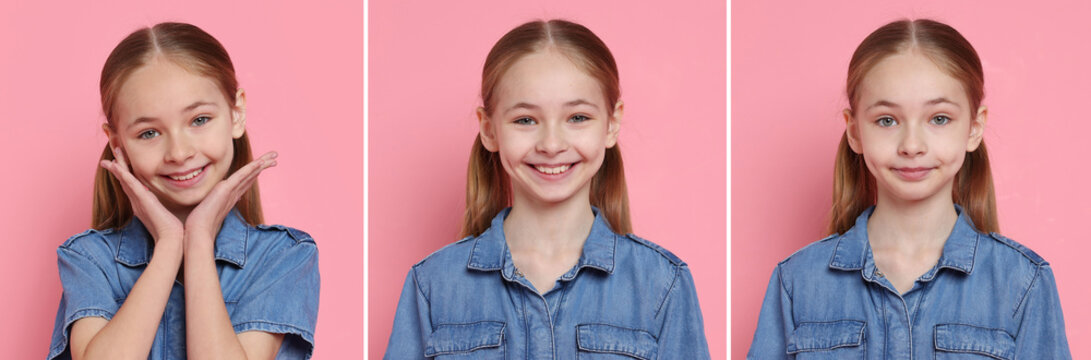 Cute little girl on pink background. Collage of portraits