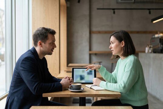 Man and woman having business meeting in cafe. People sitting at table with tablet and coffee cup. Professional communication, collaboration, brainstorming and startup growth concept.