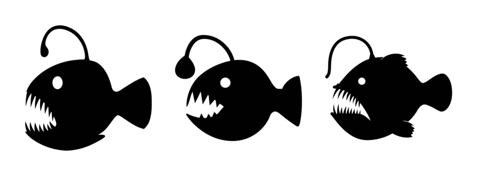 Anglerfish silhouette vector art: deep sea fish with bioluminescent lure and sharp teeth illustration vector