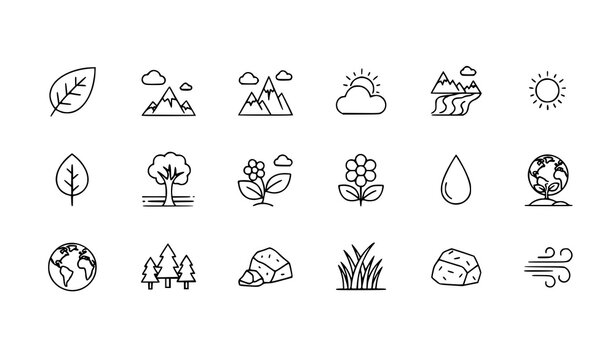 Modern nature line icon set with leaf tree mountain river sun cloud and eco outline symbols