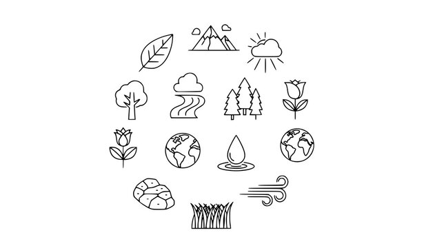 Minimal nature outline icon collection with leaf tree mountain sun cloud river and environmental symbols