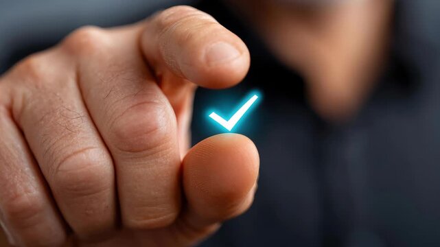 Choosing the Right Direction: A close-up shot captures the decisive moment of a hand selecting an illuminated checkmark, representing choices, and approvals.
