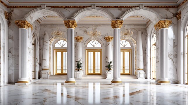 Luxurious marble palace interior with grand columns and gold accents