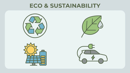 Fototapeta premium Eco and Sustainability Icons Renewable Energy, Recycling, Green Leaf with Water Droplet, and Electric Car
