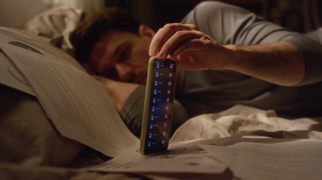 Close up on hand of depressed adult man lying on bed spinning phone with overwhelmed expression while neglecting work responsibilities and missed calls