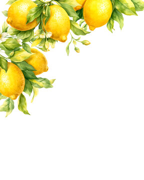 Vertical Watercolor Lemon Corner Border with White Copy Space - Elegant Floral Template for Wedding Invitations