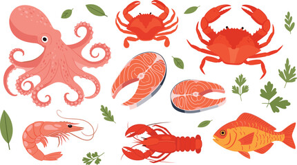 Fresh Seafood Collection Featuring Octopus Crabs Lobster Shrimp Salmon Steaks and Red Snapper Fish With Green Herbs Isolated on White Background for Culinary Design © Selina