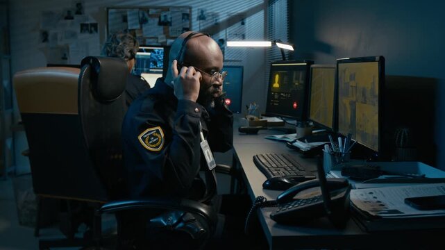 African American man working as dispatcher at police station and picking up phone while answering urgent calls during night shift, side view shot