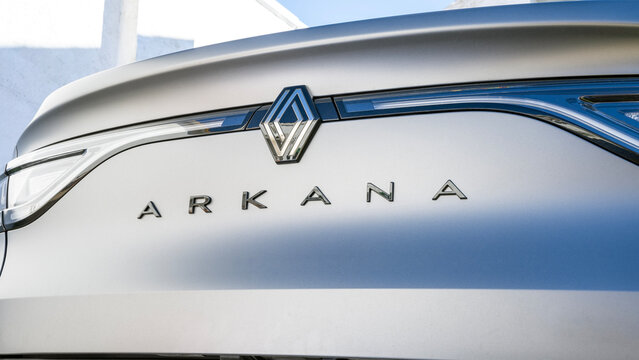 Seville, Spain; February 28, 2026: Rear tailgate of Renault Arkana SUV with brand logo and model badge.
