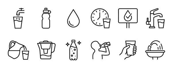 Set of black line icons related to drinking water and hydration, featuring a glass, bottle, faucet, filter, and a person drinking, presented as a simple graphic symbol collection