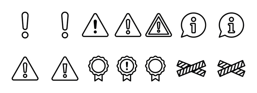 Collection of black line art icons for warnings, alerts, and information, including exclamation marks, triangles, and award ribbons in a minimalist vector style for UI design