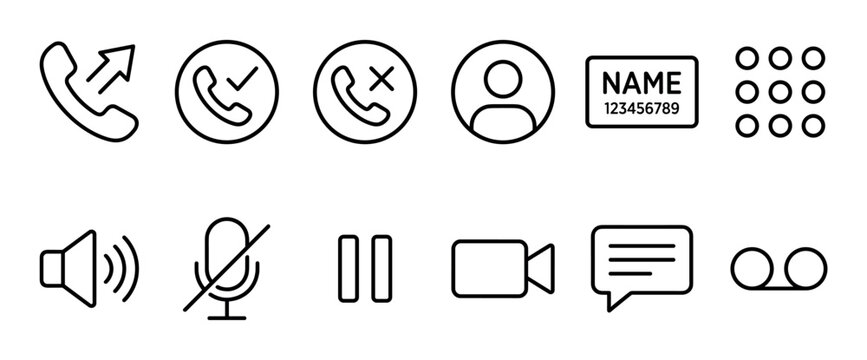 Collection of minimalist communication icons for a digital application interface, featuring symbols for calling, messaging, video chat, speaker, microphone, and user profile
